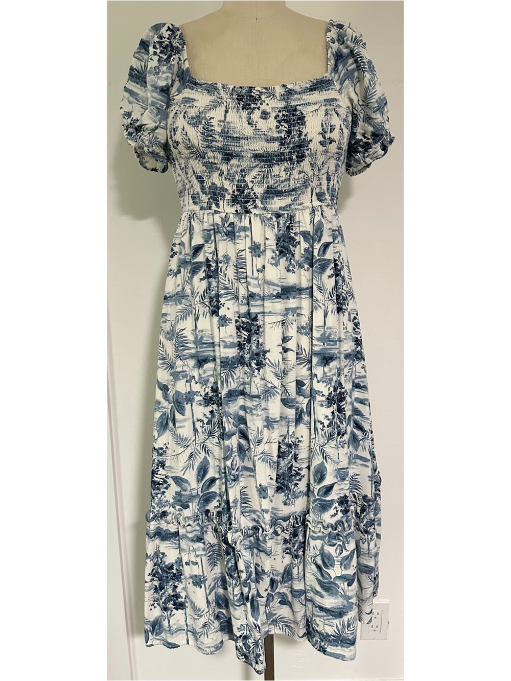 Blue and White Printed Midi Dress
